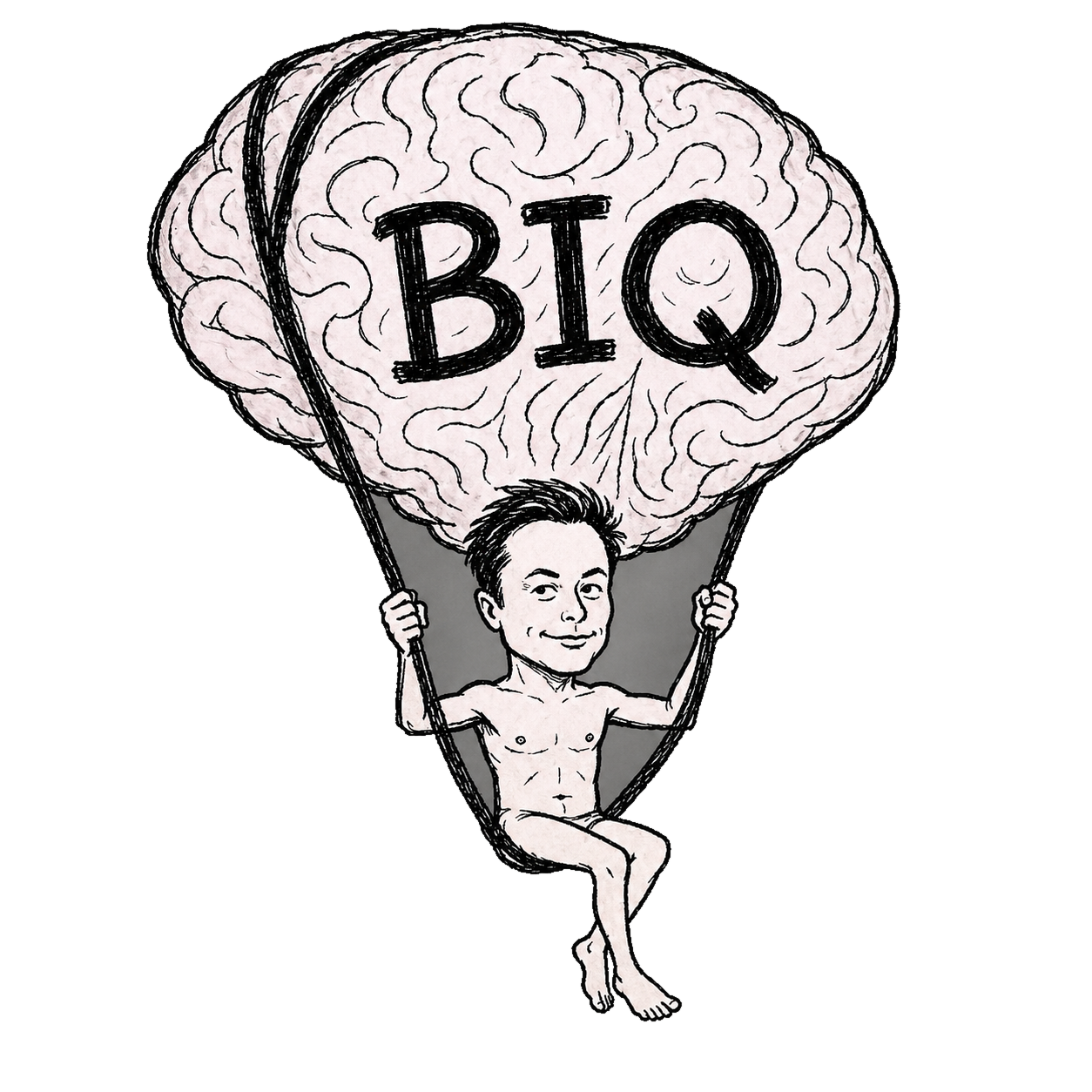 BIQ big-brain tech billionaire meme mascot holding a giant brain